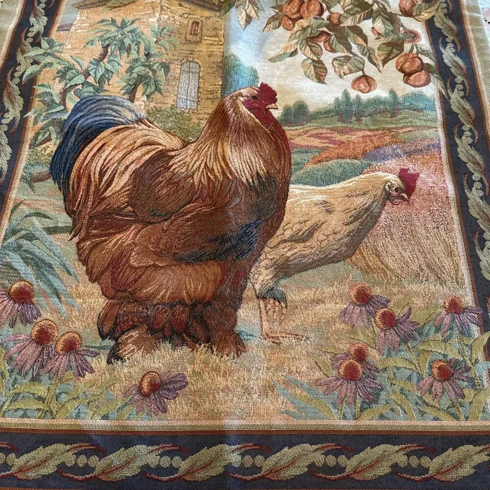 Tapestry w/ Fancy Rod Roosters & Hen French Country Wall Hanging Farmhouse